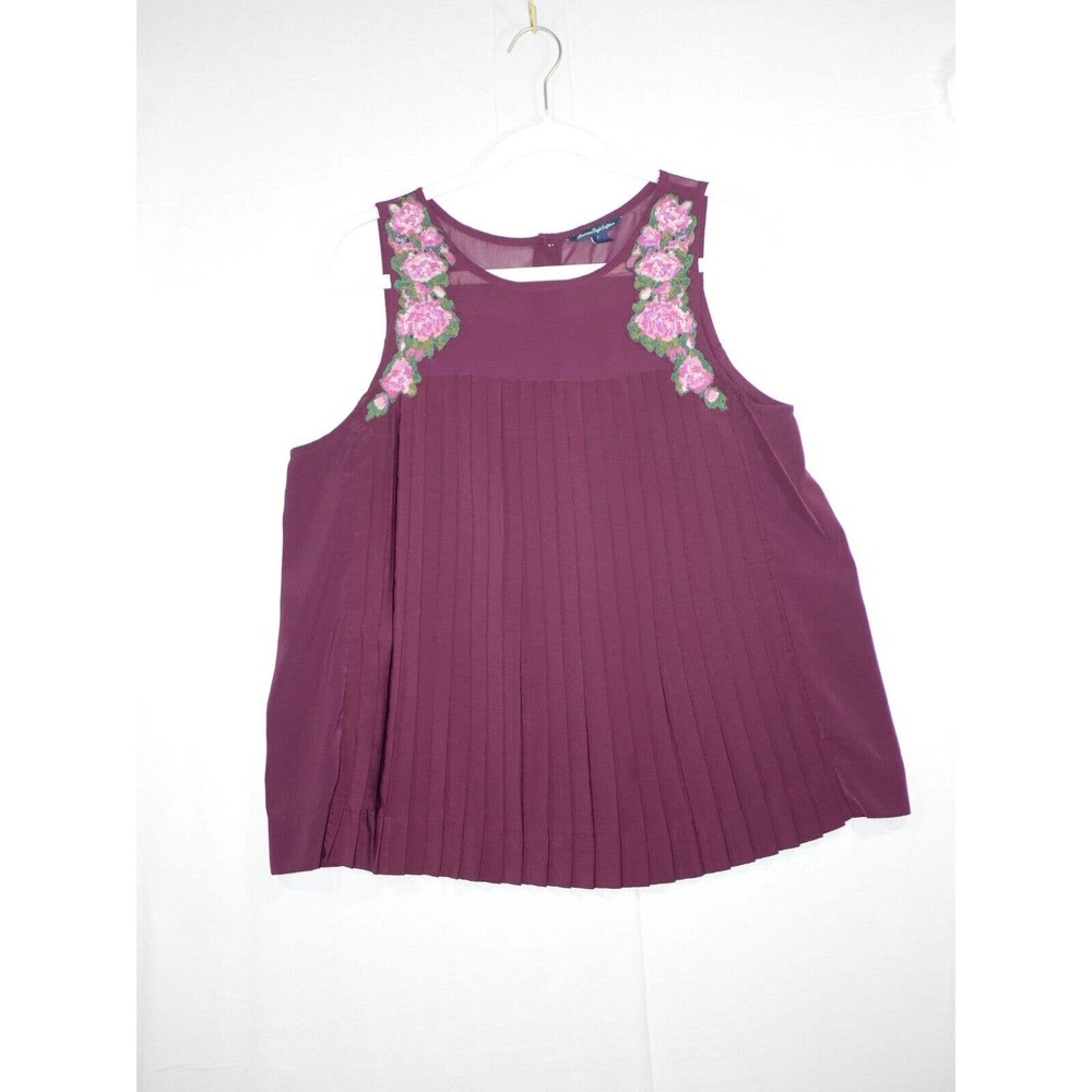 American Eagle Pleated Burgundy Sleeveless Blouse With Floral Applique Size L - Picture 1 of 15